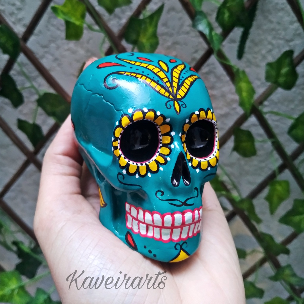 Caveira Mexicana Verde com detalhes Amarelo - Gesso - Enfeite - Decorativa
