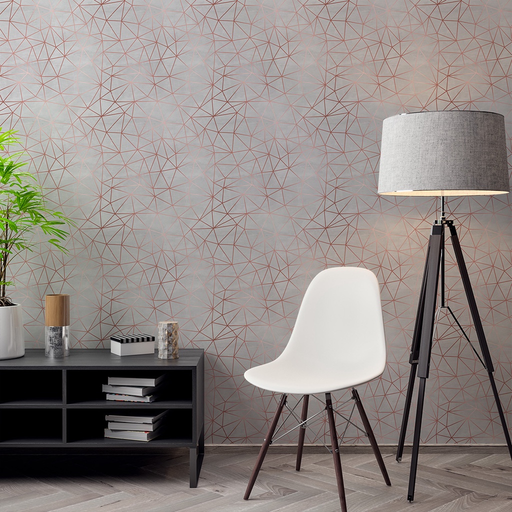 Papel de Parede Adesivo Auto Colante Zara Industrial Cimento Queimado com Linhas Rose 3D Lavável