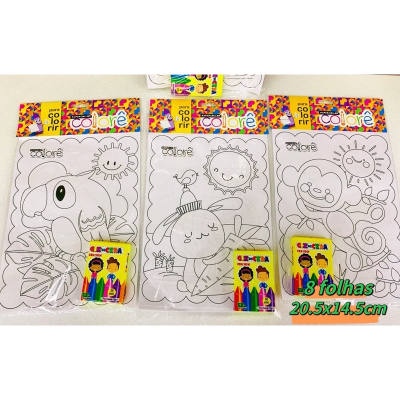 Kit desenhos para colorir infantil com giz cera e 8 folhas | Shopee Brasil