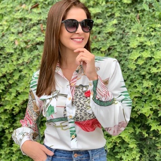 camisa social feminina roupa feminina blusa estampada com bordão tendencia inverno moda