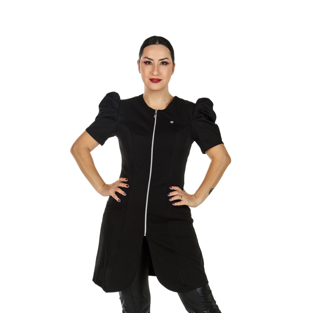 Jaleco Feminino Manga Curta Bufante Princesa Zíper Acinturado Preto Salão de Beleza Esteticista Nail Designer