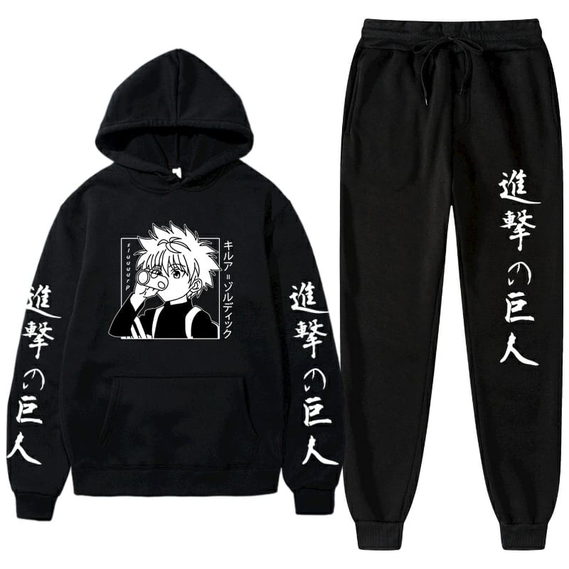 Conjunto Moletom Anime Hunter X Hunter Killua Zoldyck Blusa Capuz e Bolso Calça Flanelada Masculino e Feminino