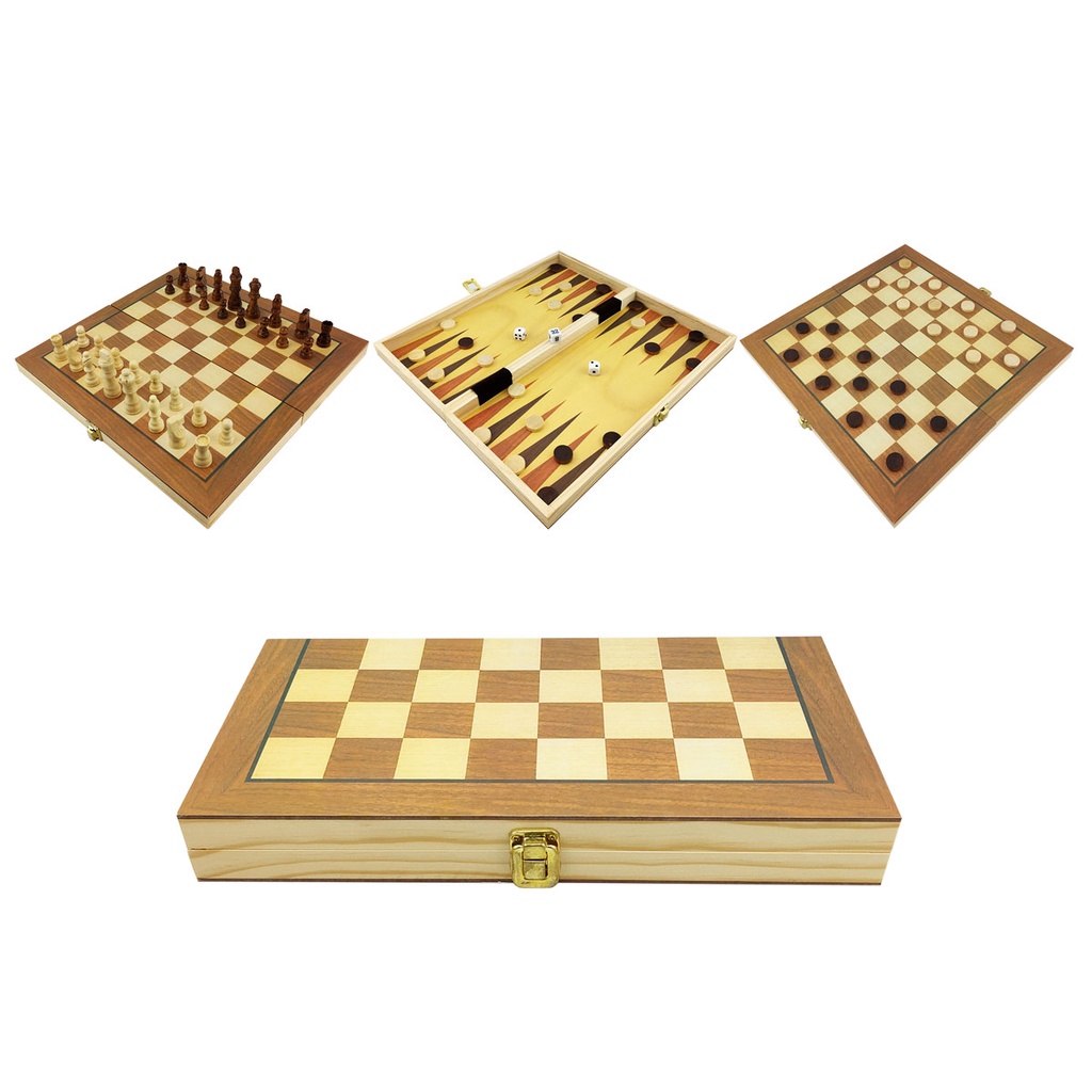 Jogo de Xadrez Damas e Gamão Dobrável em madeira 3 em 1 Grande Hoyle Games Tabuleiro 37,5 x 38,5 CM