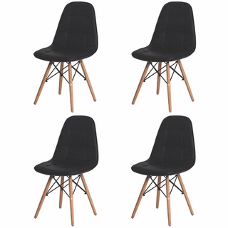 Kit 4 Cadeiras Para Mesa De Jantar Estofada Charles Eames Eiffel Botone Preta Base Madeira Wood