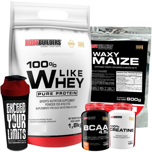 Kit Like Whey Chocolate 1.8 Kg + Waxy Maize 800g + Creatine + Bcaa + Coqueteleira - Bodybuilders