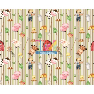 Tecido tricoline, microfibra ou gabardine estampado - Fazendinha - Fundo Listras - Bege com Verde