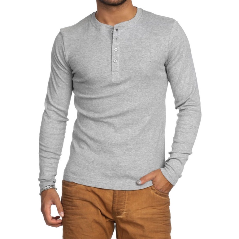Camiseta HENLEY Classic Slim Fit Manga Longa Gola Redonda CINZA