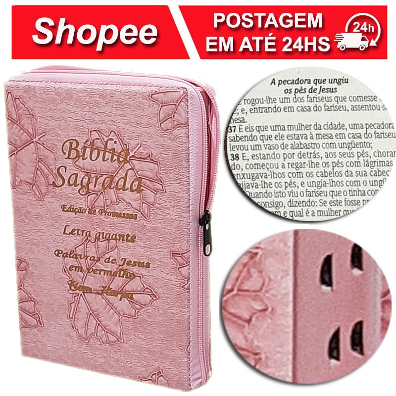 Bíblia Sagrada - LETRAS GIGANTES - As Palavras de Jesus são em Vermelho - Tamanho Grande - Capa Couro Zíper - Rosa Claro em Oferta na Shopee