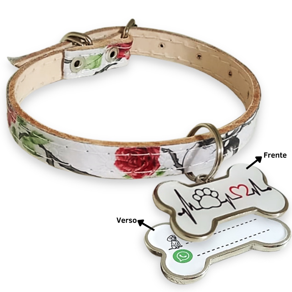Kit Coleira de Couro Decorada com Plaquinha de Identificação Medalha Cachorro Cães Pet