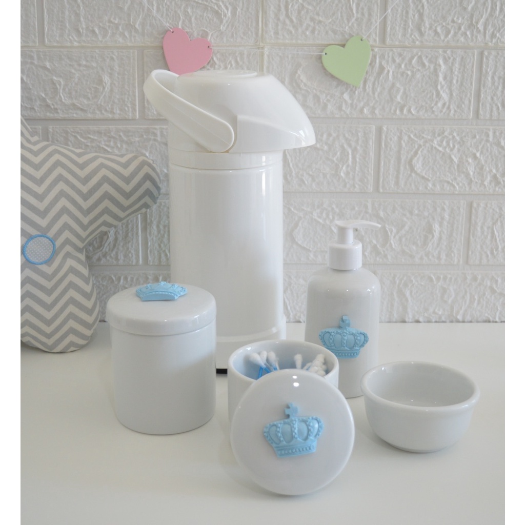 Kit Bebê Higiene K021 Banho Moderno Azul Cotonete Algodão Porcelana Gel Térmica 500 ml