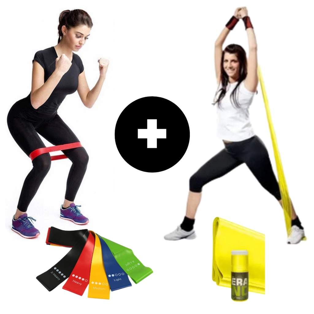 Kit Fitness - 1 Faixa Elástica Fisioterapia Academia Thera Band Para Exercícios Multifuncionais 1,5 metro Espessura 0.35mm +  1 Mini Band Fita Elástica De Resistência Para Academia Exercícios Yoga Musculação e Fisioterapia