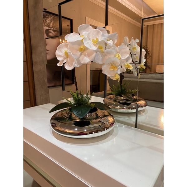 arranjo de orquídea branca vaso prata luxo | Shopee Brasil