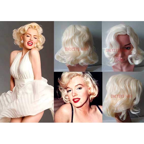 Wig p/ cosplay e personagens de cinema Marilyn Monroe peruca loira platinada curta repartição fixa de lado