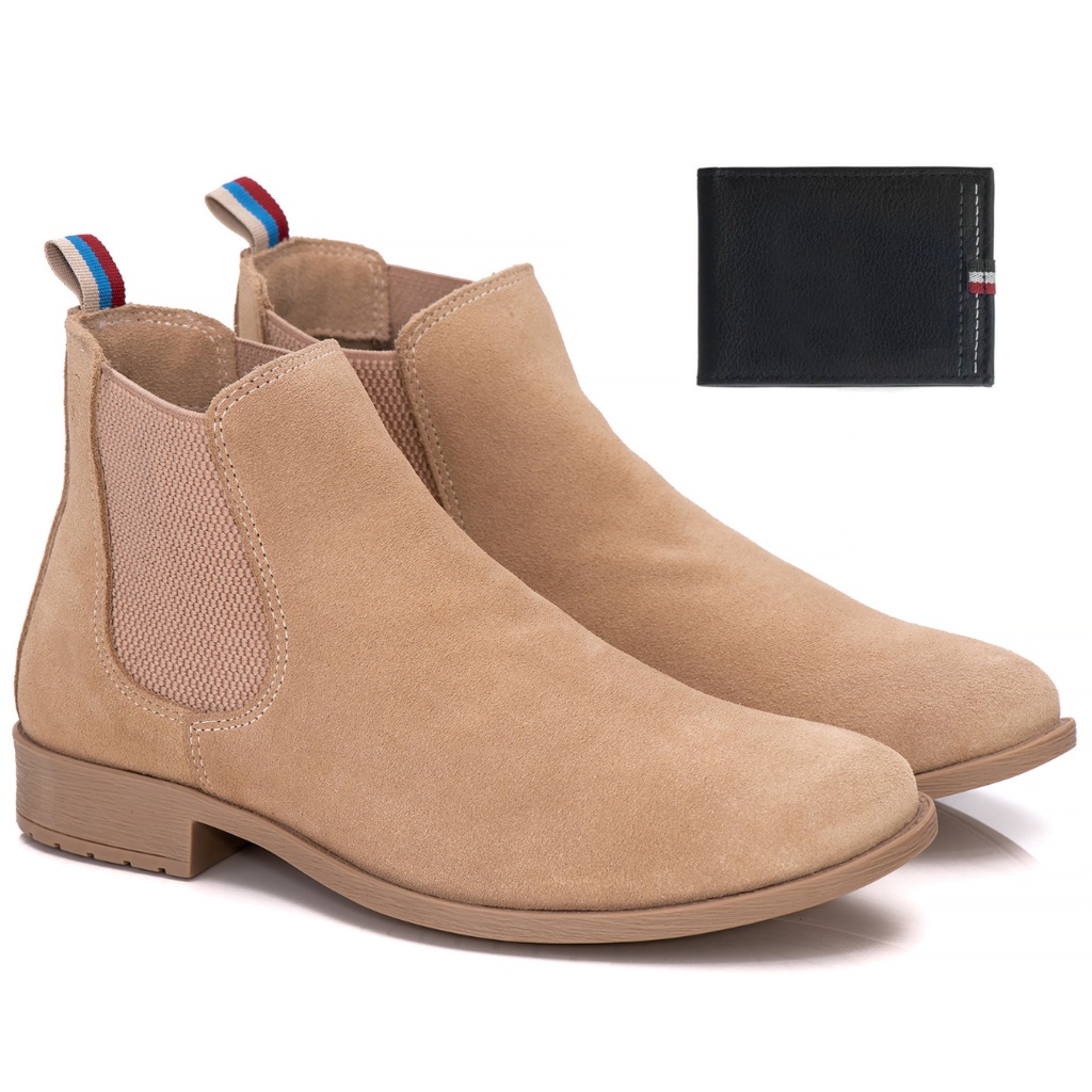 Botina Chelsea Areia Casual Masculina Bege Couro Legítimo Costurada Alta Qualidade + Carteira