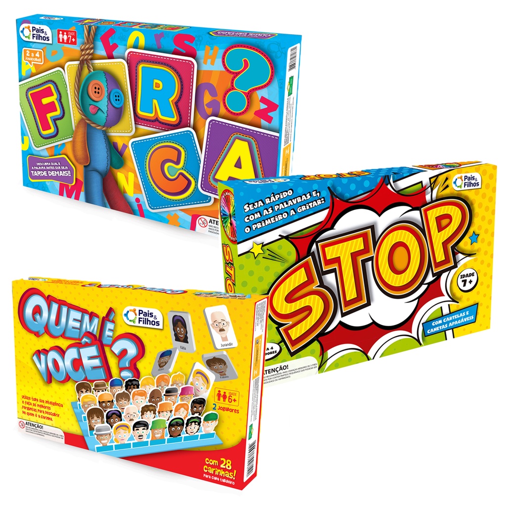 Jogo de Tabuleiro Forca + Quem é Você + Stop com Caneta - Pais e Filhos