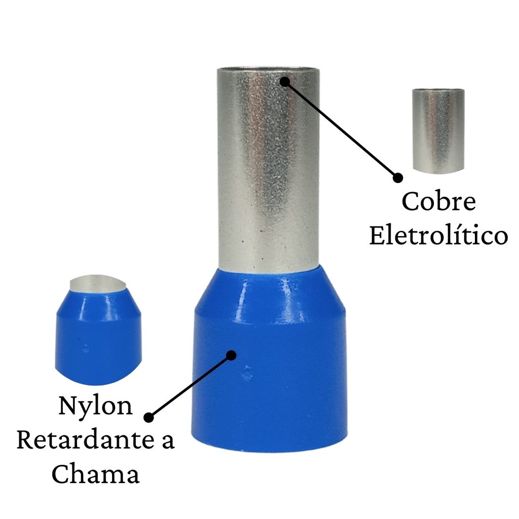 Kit 100un Conector P Fiação Ilhós Tubular Elétrico Azul 16mm Terminal Simples Pré Isolado Instalação Tubolar Fiação
