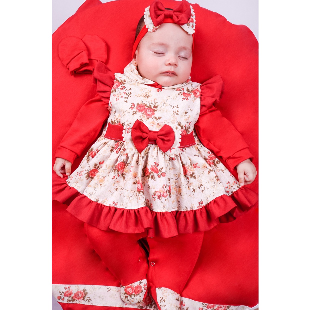 Saída Maternidade Menina Vermelha Floral 05 peças Roupas de Bebê Menina em Oferta na Shopee