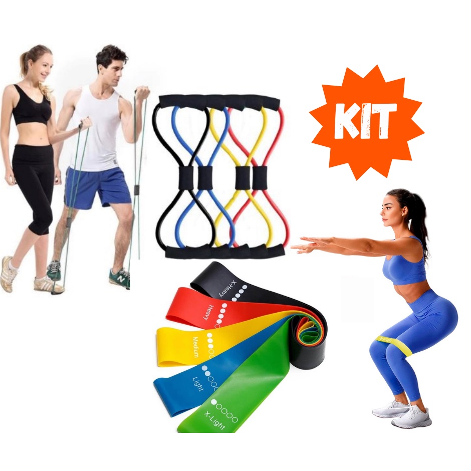 Kit 5 Elásticos Mini Band(Acompanha Bag e Manual) + Elástico de Tensão Extensor Multifuncional Crosstube - Fisioterapia