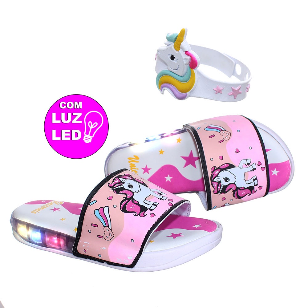 Kit Sandalia Chinelo Crianca Slide Feminino Rosa Com Luz Led Unicornio Infantil + Pulseira
