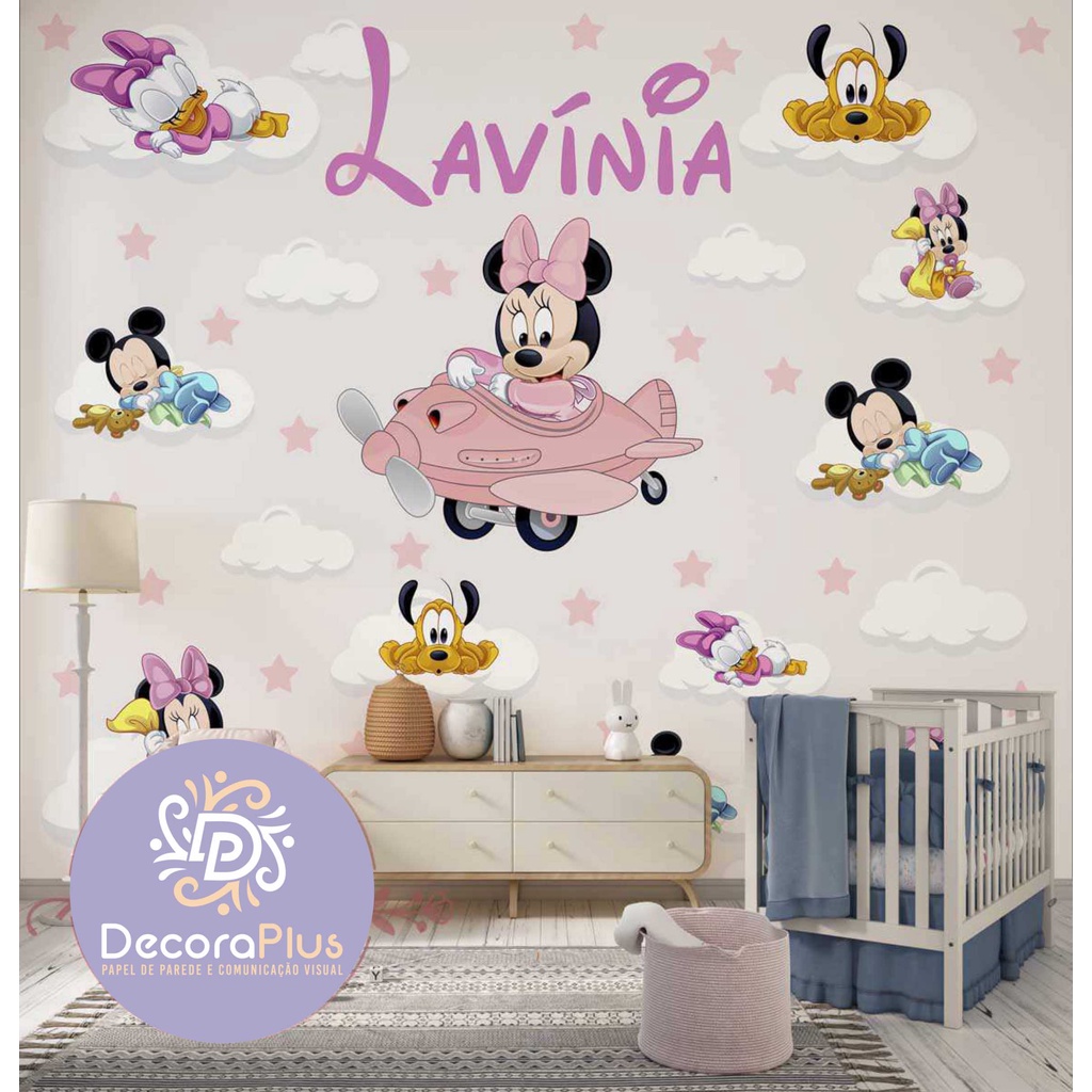Papel de Parede Foto Mural Adesivo Autocolante Nome Personalizado Disney Minnie Mickey Mouse