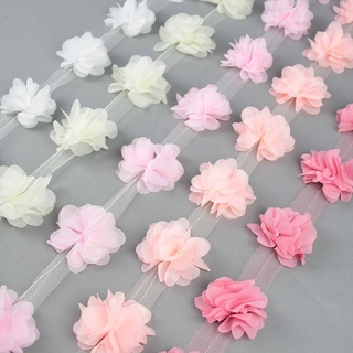 2 Metros 3D Chiffon Tecido De Renda Com 24 Pcs Flor Para Decoração Vestido De Renda Vestuário Guarnição DIY Artesanato Costura Suprimentos
