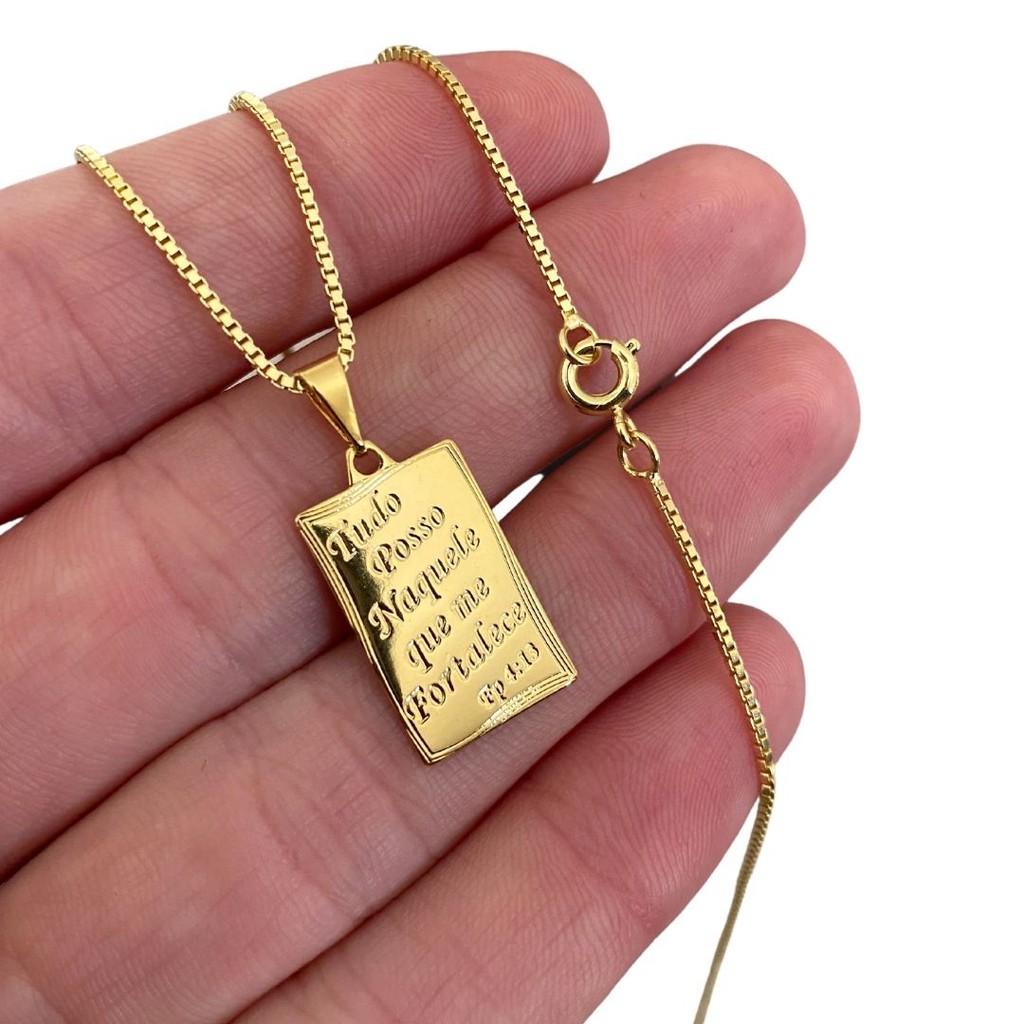 Correntinha Masculina + Plaquinha "Tudo posso naquele que me fortalece" Banhados a Ouro 18K Modelo Veneziana 1mm 70cm