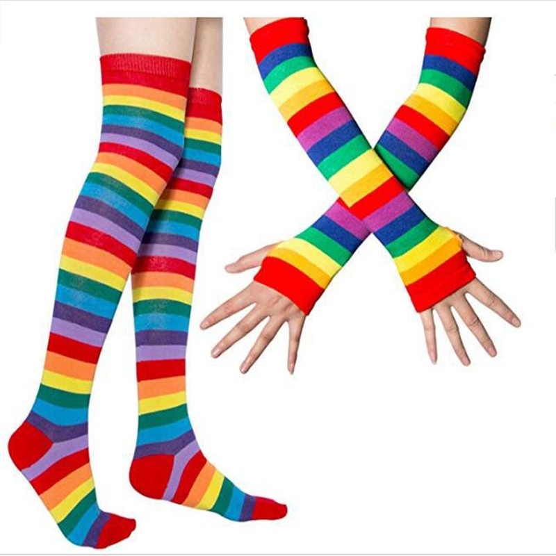 Novo colorido arco-íris meias coxa joelho meias quentes listrado braço mais quente luvas presentes de natal feminino lolita cosplay traje em Oferta na Shopee