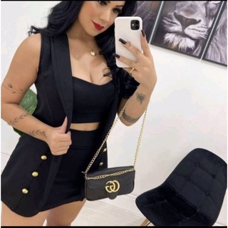 Conjunto Três Peças Conjunto Feminino Blogueira Short Cropped e Max Colete com botões