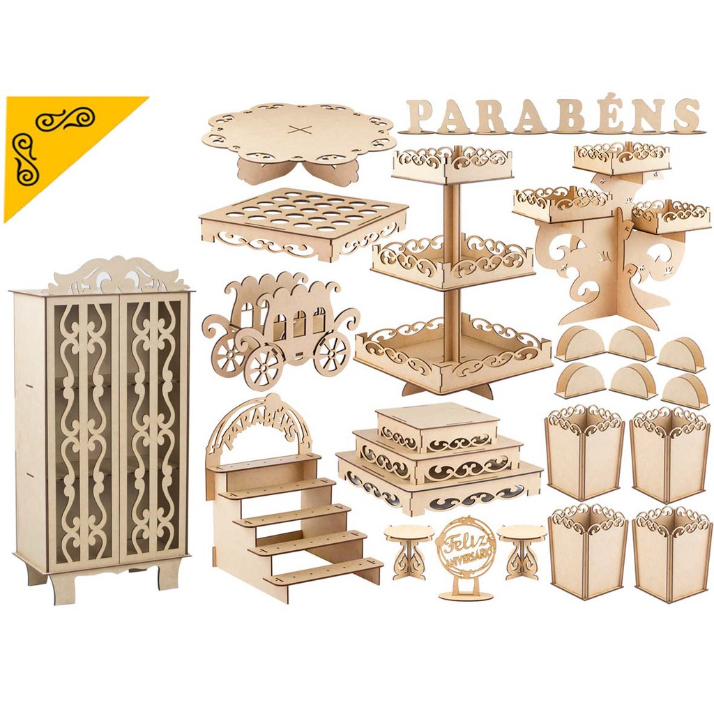 Kit Festa Provençal Com Mini Cristaleira Arabesco Estilo Ondulado Decoração Mesa de Doces