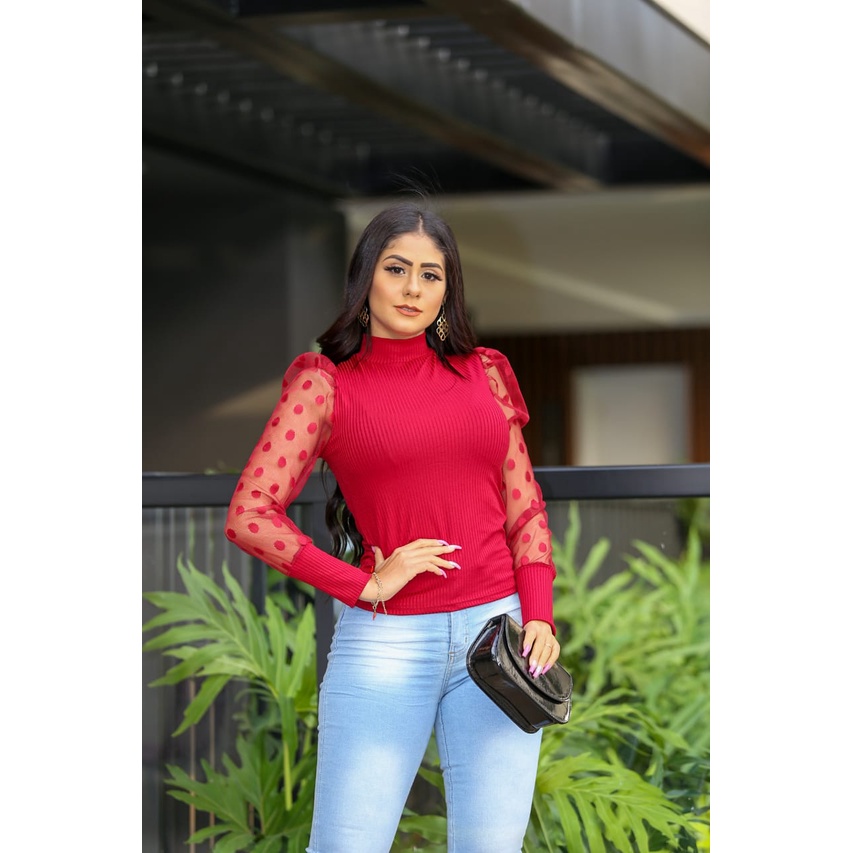 Blusa Canelada Gola Alta Manga Longa Tule Bufante Poá Tendência Viral Moda Blogueira para…