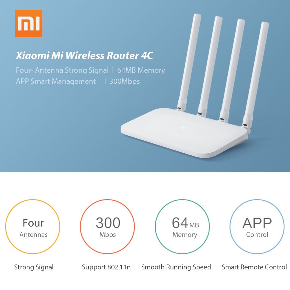 Roteador Xiaomi Mi WIFI Original 4C Controle De APP 64 RAM 802.11 b/g/n 2.4G 300Mbps 4 Antenas Roteadores Repetidor Sem Fio O7NJ
