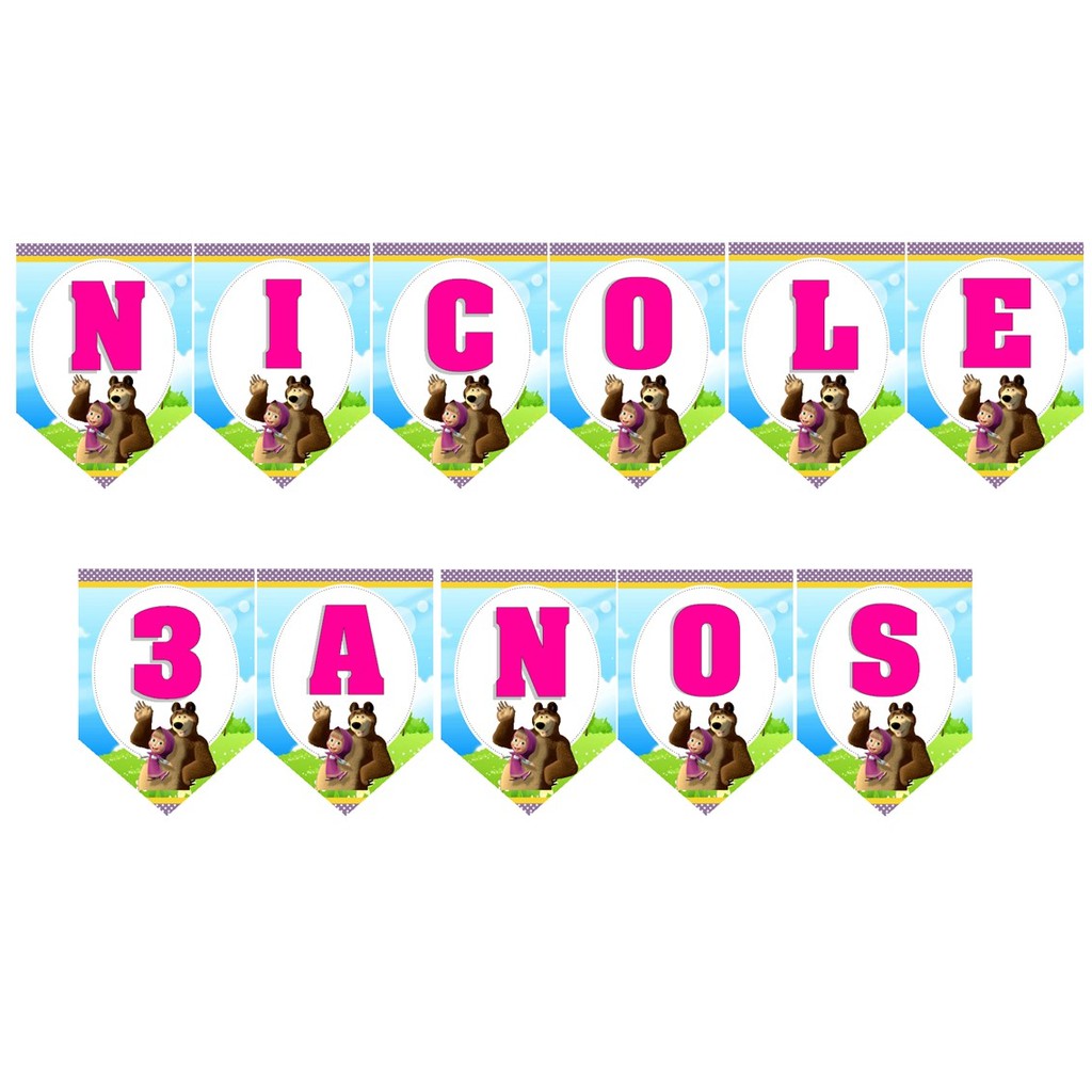 Bandeirola Macha e o Urso Aniversário Personalizada