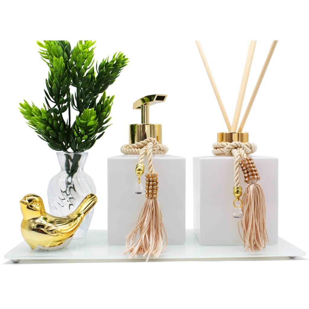 Kit Vidros Luxo P/ Banheiro Lavabo Cubo Branco 250ml Vál. Sabonete e Difusor + Bandeja e Enfeite em Oferta na Shopee