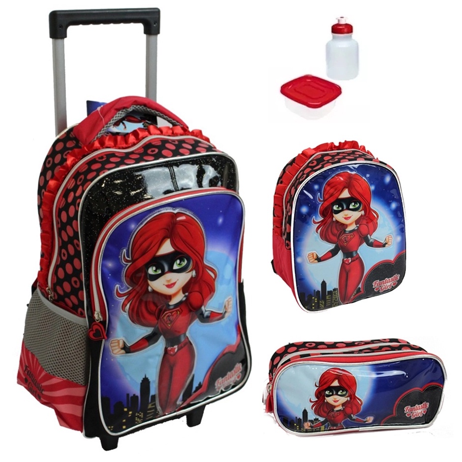 Kit Mochila Infantil Heroina Girl Fantastica Tam G Rodinha 2 em 1 Com Lancheira Termica Estojo Duplo