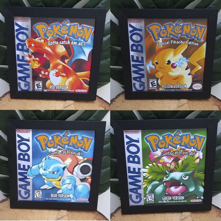 Quadro decorativo com moldura e vidro Pokémon Red Blue Green Yellow Charizard Pikachu Blastoise pôster gamer geek nerd