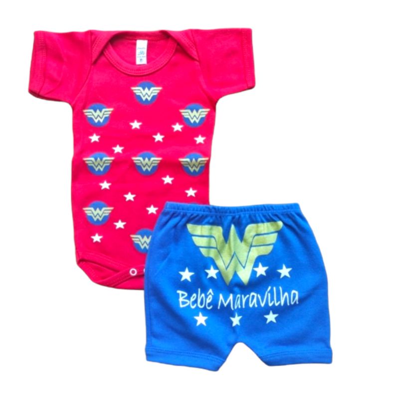 Body + Short Mulher Maravilha Fantasia Mesversario Super Man Algodão Roupa Para Bebê