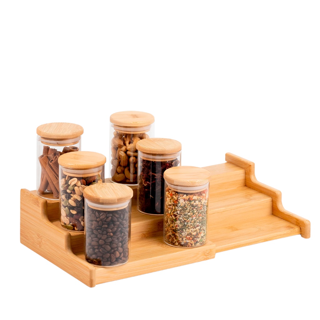 kit 6 potes 250ml tampa bambu e rack organizador bambu Oikos em Oferta na Shopee