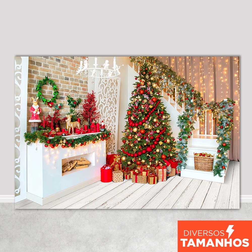 Fundo Fotográfico Natal Árvore de Natal Cenário Escadaria Sublimado Em Tecido