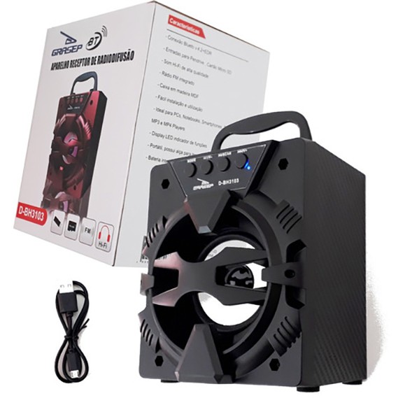 Caixa De Som Grasep Modelo D-bh3103 Bluetooth - Entrada Usb - Pendrive - Micro Sd - Rádio Fm Integrado - Caixa em MDF - 10W Rms