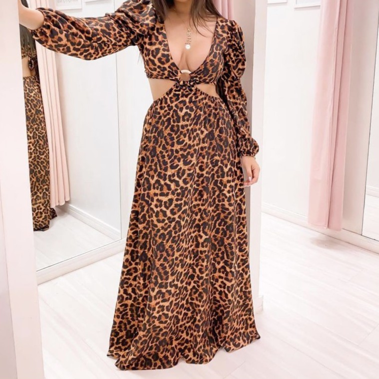 Vestido longo elegante animal print -festa/casamento/confortàvel