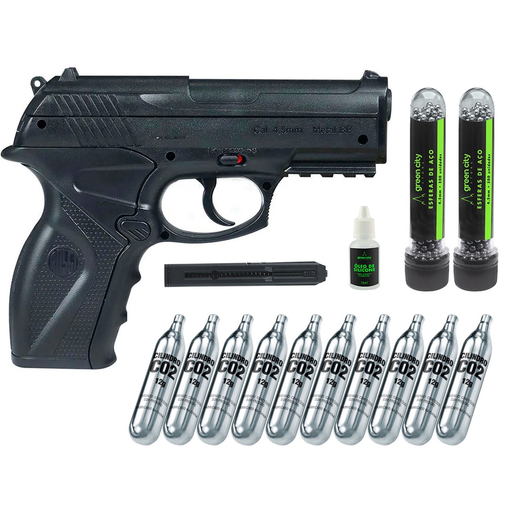 Pistola de Pressão 4.5mm C11 Rossi CO2 Kit com 10 Cilindros, 1000 Esferas de Aço 4,5 e Óleo Para Manutenção