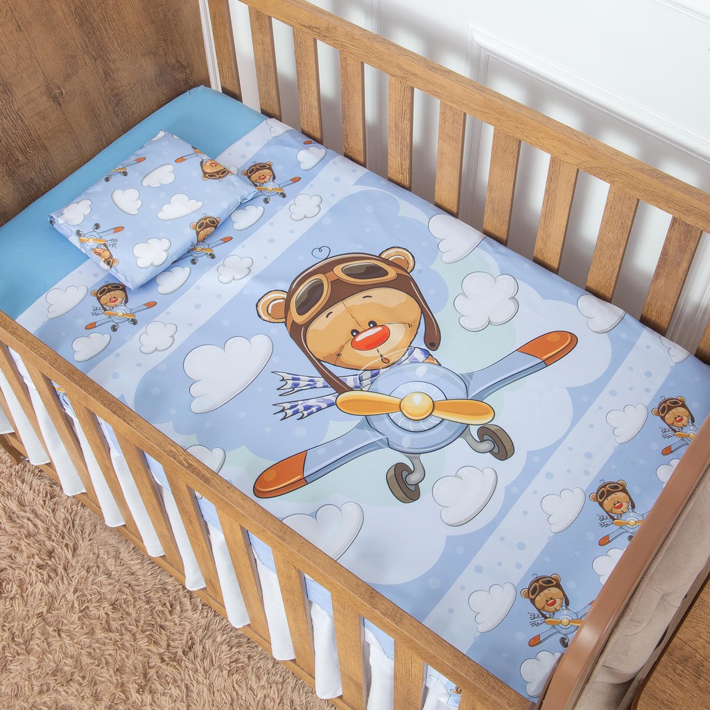 Jogo Lençol  3 peças Para Berço Americano Nacional Bebê Menino em Oferta na Shopee