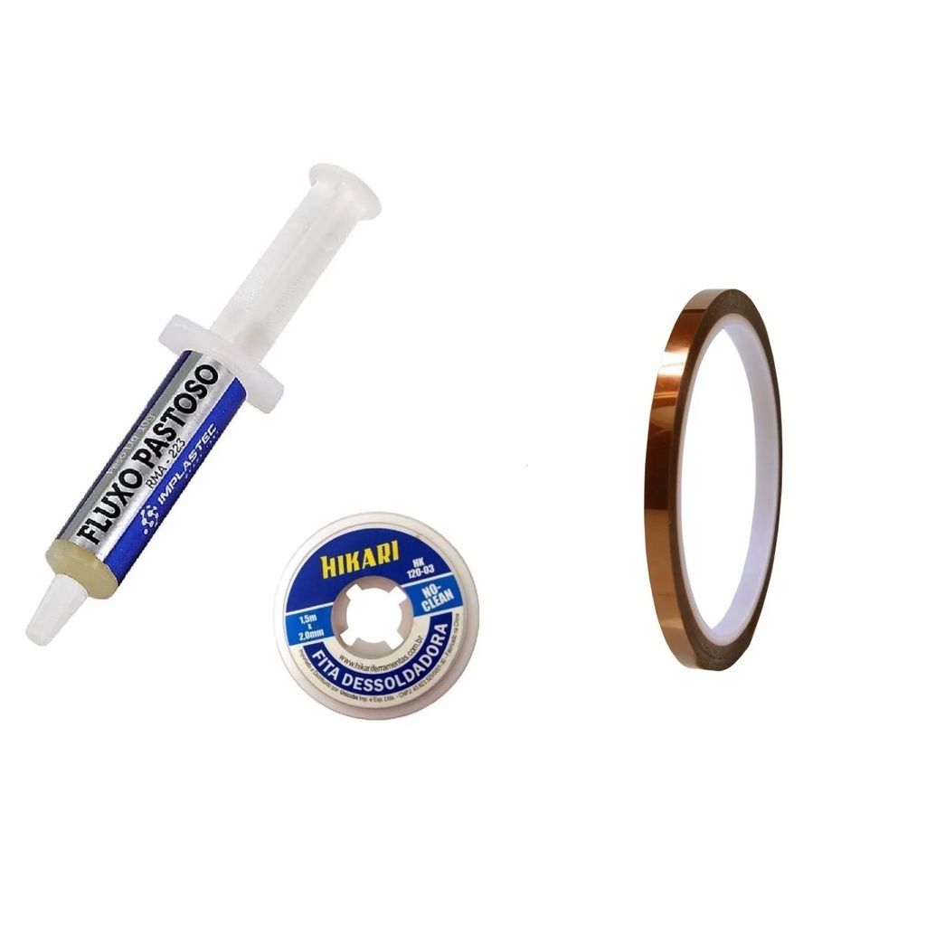 Malha Dessoldadora Hikari 2.0mm + Fluxo de solda Pastoso Rma-223 + Fita Kapton 6mm hikari