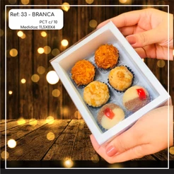 10~50 CAIXAS EMBALAGEM 6 DOCES COM VISOR EM ACETATO MOLDURA BRANCA 11,5X8X4 - REF. 33 (CHOCO)