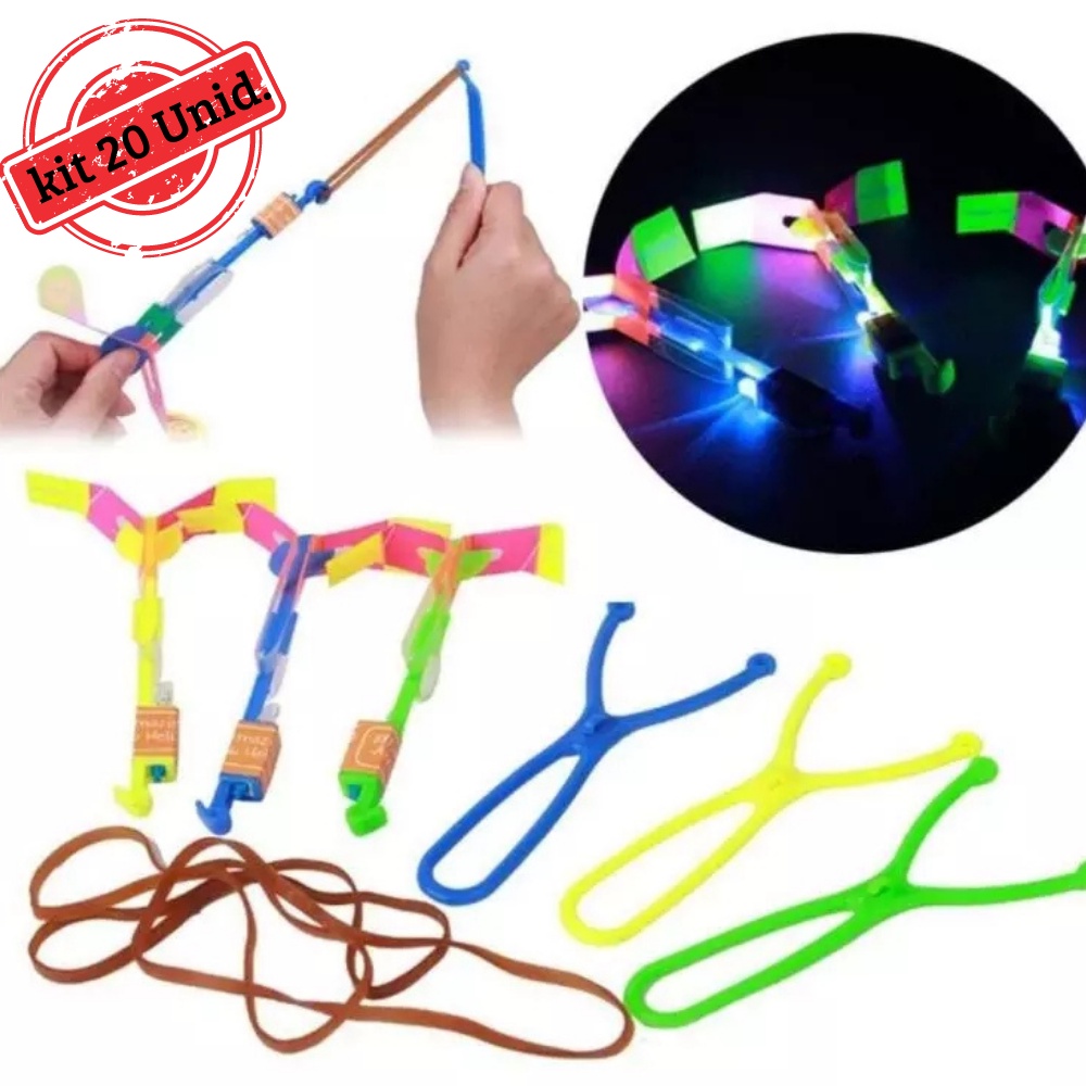 20 unidades Girocoptero Voador Rotativo Foguete Helicóptero Flash LED Luz Brinquedo Divertido Elástico Pirocoptero