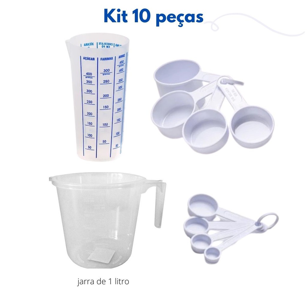 Kit medidas/ medidores 10 peças - xicara e colher (branca), copo azul (500 ml) e jarra de 1 litro