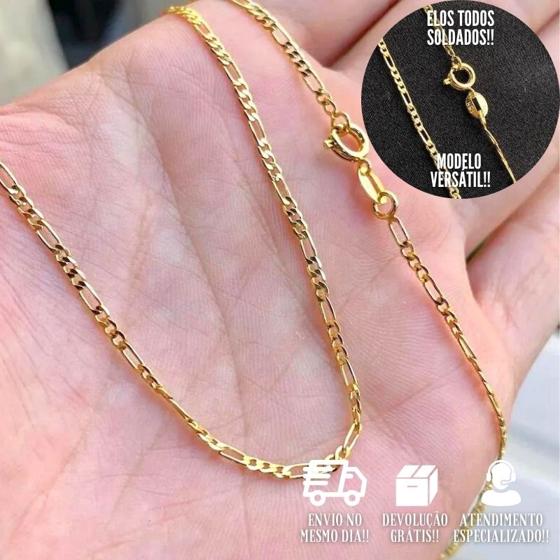 Corrente Masculina De Ouro 3 por 1 2mm 70cm Banhada a Ouro 18k Cordão Fino