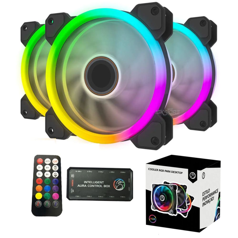 Kit 3 X Cooler Fan RGB 120mm Led Duplo C/ Hub Controladora + Controle Remoto Gabinete Ventoinha Gamer