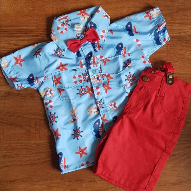 Conjunto Infantil Menino Masculino - Marinheiro - Bermuda com Suspensório + Camisa Temática + Gravata
