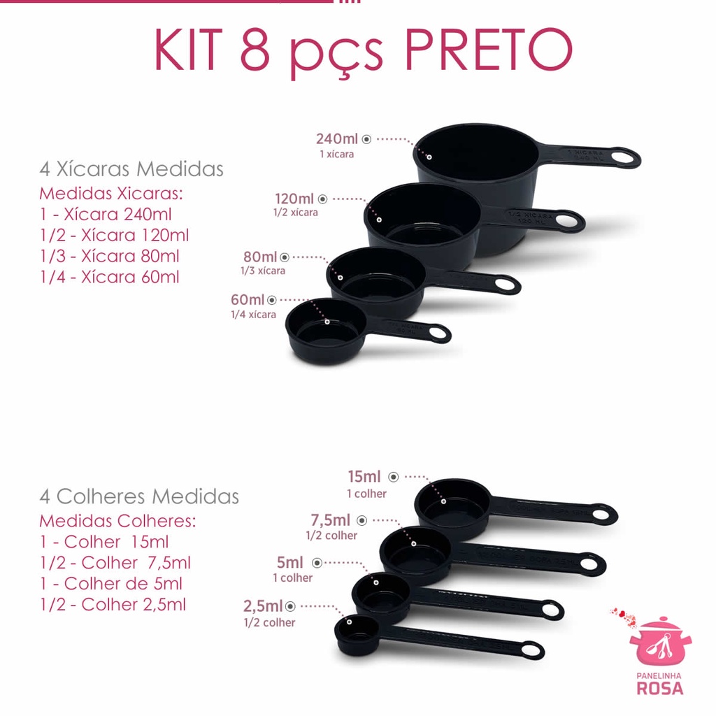 conjunto de Medidores xicaras e colheres preto  - 8 peças